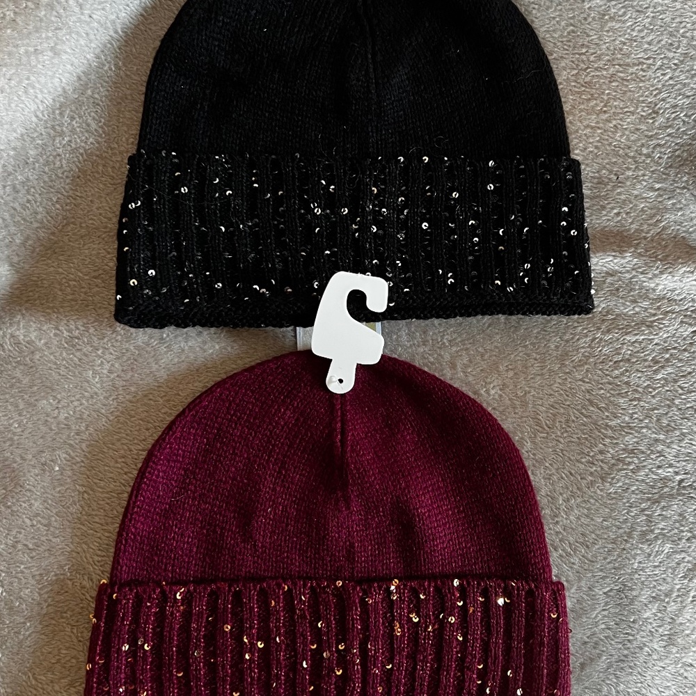 2 Michael Kors Knit Beanies, Sparkly Sequins - Black and Burgundy, New with Tags